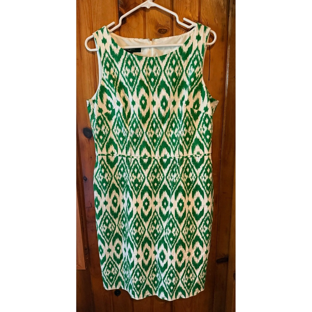 Nine West‎ Dress Size 12 Sleeveless Green White Diamond Print Career